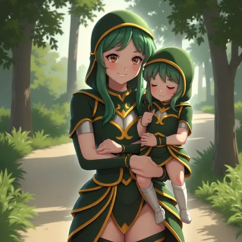 mother, carrying daughter, walking 