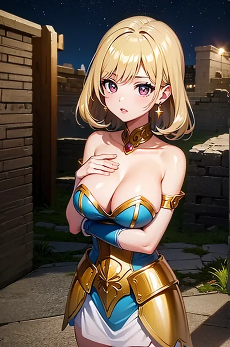 A beautiful girl in golden armor walking in the night, scorpioarmor, white cape, golden shinning armor, reflection armor, greek ruins background, night sky, starry sky, full moon, big rounds breasts, (cleavage:1.2), shiny hair, glowing eyes, pupils sparkli...