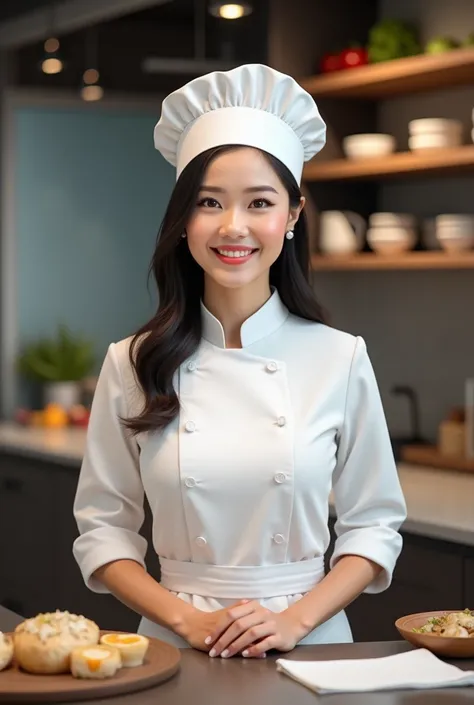 asian lady anchor chef with cook cap, telling news on tv, kitchen background, watching camera, face camera, realistic
