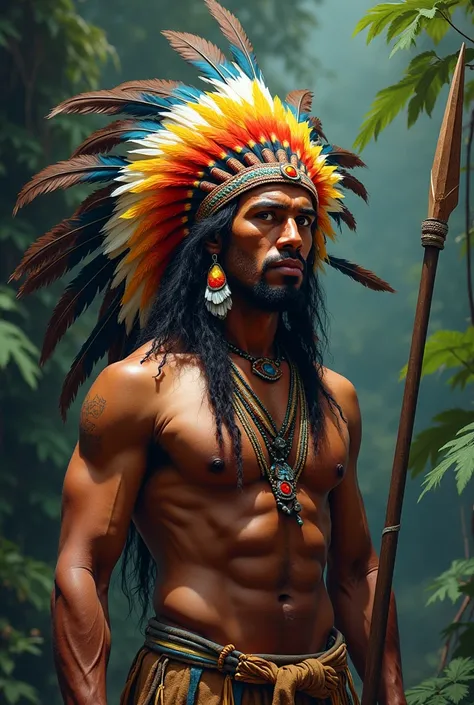 I need an image showing a young Aboriginal Indian man dressed in feathers and with a spear.