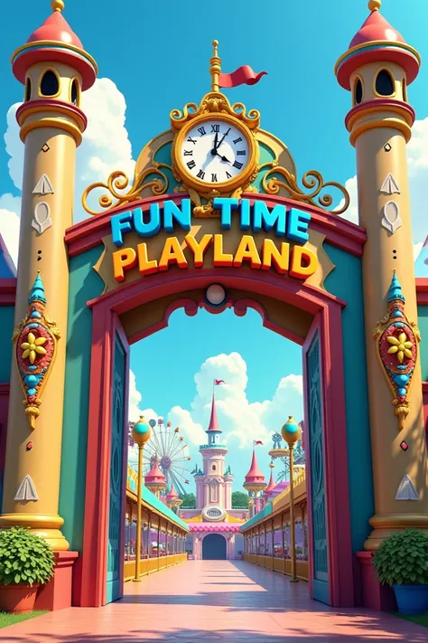 Make a picture of playland entry with name of fun time like a open gate and gate side pillers with rides and clock picture and some cartoon pictures also