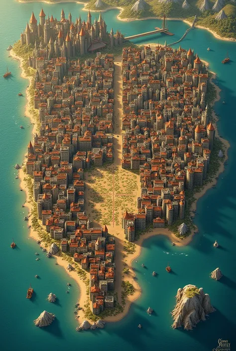   map of a medieval city with 1 ,200 houses  , a market with hundreds of vendors ,  an area with 10 palaces  ,  two small hospitals  ,  a military base and 6 department stores  ,  the city is on a peninsula  ,  there are no rivers and the city has a rectan...