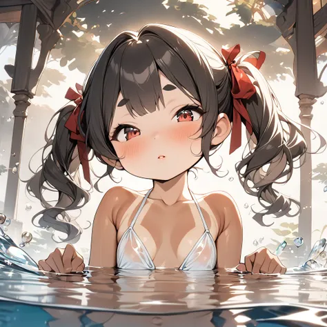 master piece,((amazing quality, great quality, top quality, very aesthetic, aesthetic, best quality)),dutch angle,tanlines,tanned skin Tiny body,A Japanese anime-style character design of a petite girl floating serenely in crystal-clear waters, in a luxury...