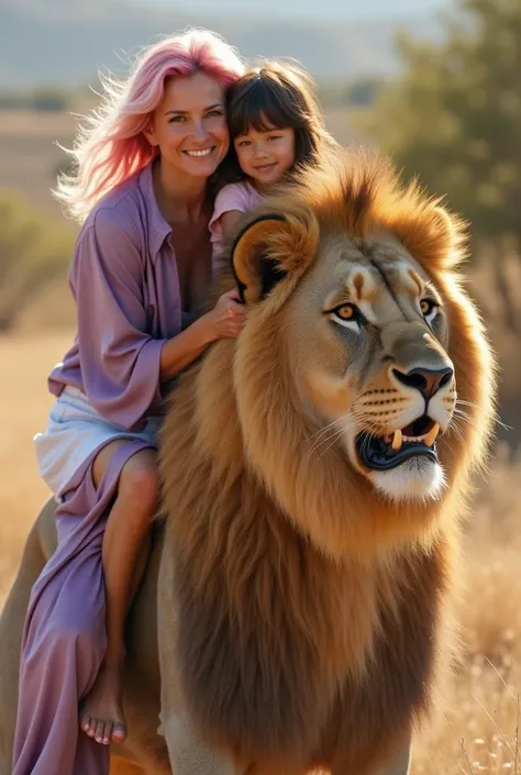 A 40-year-old woman with vibrant, silky pink hair and a gentle smile, donning a worn, lavender satin robe that falls below her knees, paired with fitted lavender satin pants, sits confidently on the back of a majestic lion, its tawny fur glistening in the ...