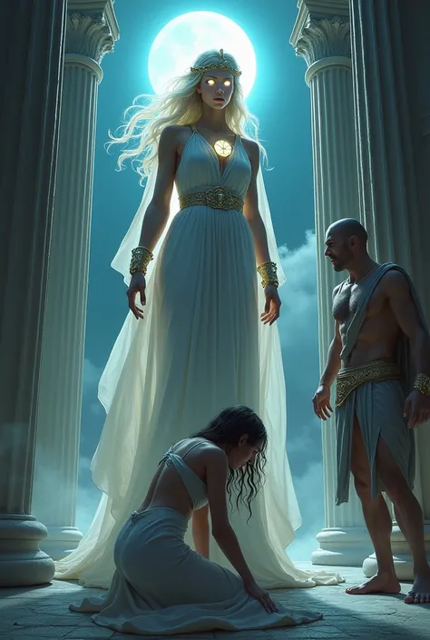 " Athena appears in the temple ,  her radiant figure of divine anger . Poseidon moves away from a woman,  who is kneeling with tears on her face . The goddess, with glowing eyes ,  radiates judgment and power ,  while the moonlight intensifies the drama of...