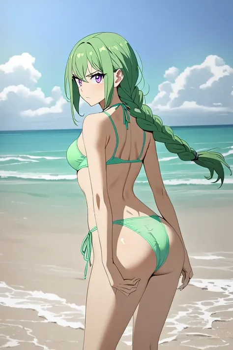 1girl, adult, green hair, one long braid, thin braid, violet eyes, serious, breasts, showing butt, swimsuit, light green bikini, light green thong, on the beach, day