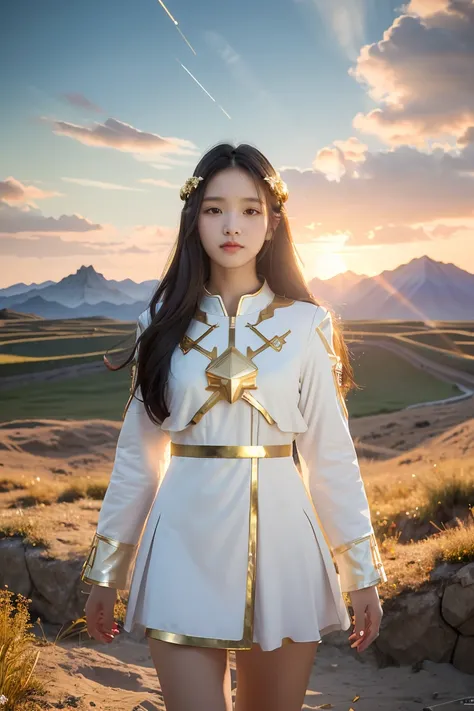 ((masterpiece, best quality, extremely detailed), volumetric lighting, ambient occlusion, colorful, glowing), 1girl, solo, young girl, (dark hair), long hair, halo, aura, sacred, goddess, cleric suit, (white outfit with gold detailst:1.3), armor, outdoors,...