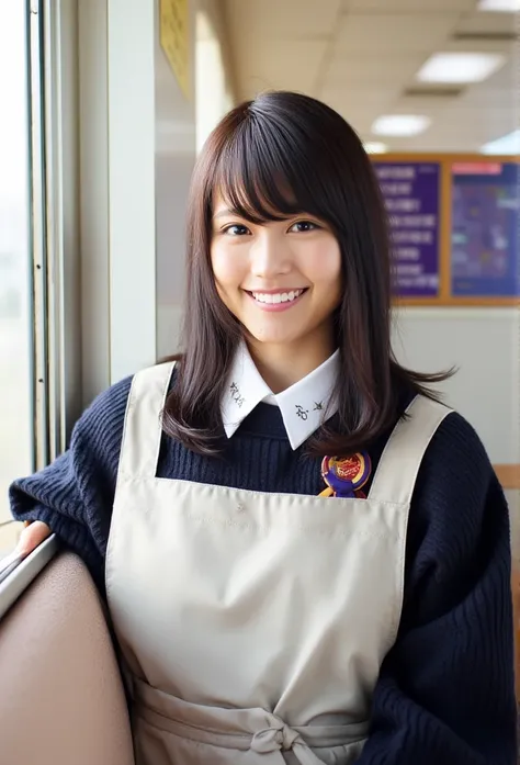  1 girl in uniform, solo,  high definition , masterpiece,  anatomically correct,  won numerous awards,  high detail,  Ultra High Definition,  textured skin,  retina,  twin tails,  smiles,  cowboy shot, ribbon, Babysitter,A woman holding a baby,apron