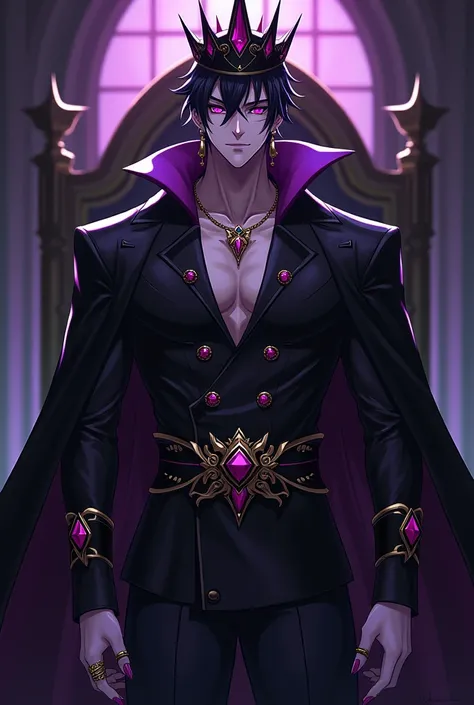 Male, tall, muscled, 27 years old. Pale skin. Short black hair with a white streak. Very bright purple eyes. Black crown with red gems. Dark King costume black with purple, Black cloak. Golden Earrings, Golden Rings and Precious Gemstones. Black Gloves, an...