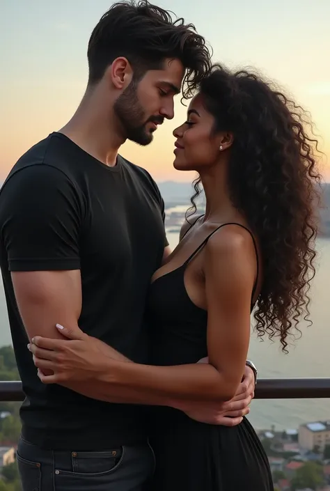 ((The best quality)), ((masterpiece)), (detailed), perfect face,Title : There is one man and one woman.man has black short wawy hair,white skinned,wearing black tshirt.woman has curly black hair,brunette and wearing black dress.They are looking each other....