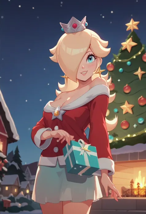 score_9,score_8,score_7,score_8_up,score_7_up,score_6_up, source_anime, anime screencap, Princess Rosalina, Christmas dress, winter night, Christmas tree, smile