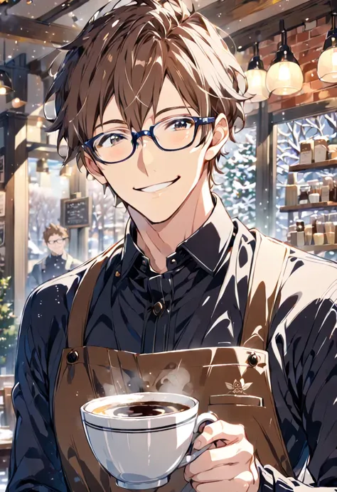 Age 23，male，         brown hair      ，         upper body，         focus on the face         ，winter，Glasses，      coffee shop     ，      waiter，Cafe Staff，smile，Anime Images，Carrying coffee