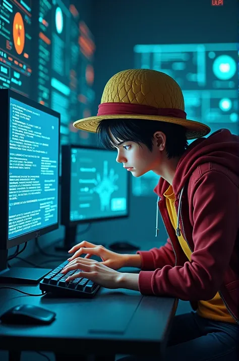  Imagine Luffy from One Piece as a hacker sitting in front of a PC, trying to hack One Piece .