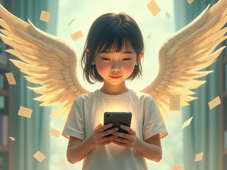 a girl in white shirt with angle wings of books words flying aroud, mobile in hand, realistic