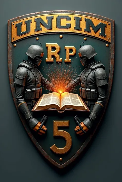 I created a shield in the militarized model with the descriptions below :
UNICIM name in the upper case 
The RP acronym in the center 
The abbreviation P-5 in the center 
An open bible 
Two soldiers welding each other