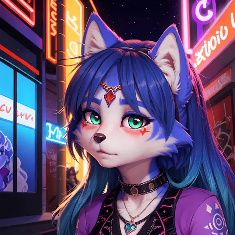 ((krystal)), Star Fox-Krystal, lovable, green eyes, ((( Long blue hair 1 .3))), Decollete, anthro, Fuzzy,  detailed Fluffys fell,  detailed face, (Fluffy),  1 girl, ,woman, Goth, green eyes, undercut, ultra-realistic 8k cg ,  masterpiece, (( ultra-detailed...