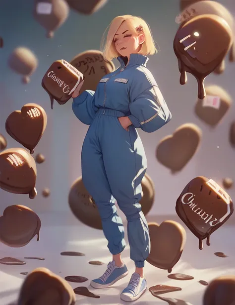 1girl, wearing a blue tracksuit, blonde bob, in a chocolate factory,
