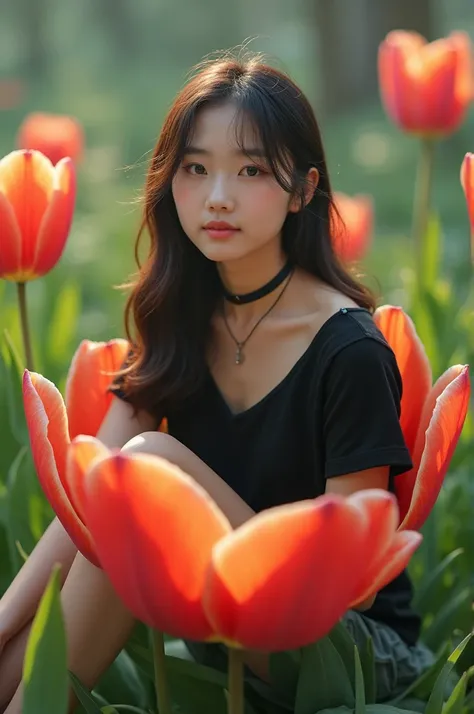 1 beautiful Korean chick , cute face, 18 years old, wearing a black t-shirt,  wearing a black choker necklace,  sitting on a tulip  