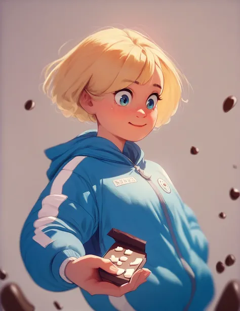 1girl, wearing a blue tracksuit, blonde bob, cute, in a chocolate factory,
