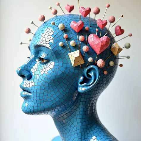 

 An intricate and surreal work of conceptual art depicting a human-like head made from intricate blue mosaic tiles,  adorned with pastel geometric shapes like cubes ,  spheres and hearts bursting out . Thin metallic rods... See more 