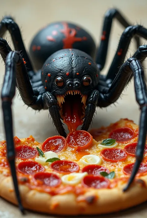 Beautiful looking black widow greedily eating a large pizza, mouth wide open, eyes popping put