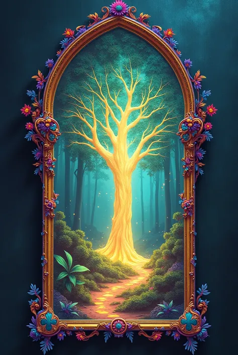 A multicolored church mirror depicts a magical forest, with a glowing tree in the center.