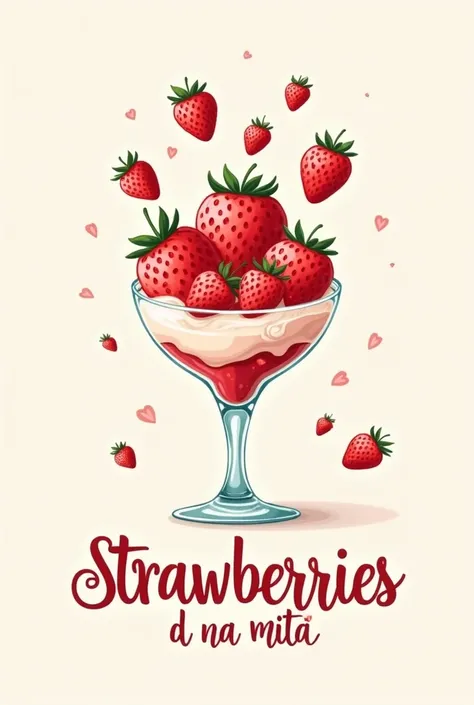  Create a beautiful logo of a glass of strawberries with cream with the phrase " strawberries D I N A M I T A "  accompanied by 5 animated strawberries 