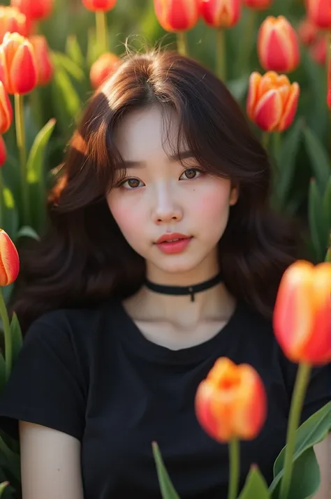 1 beautiful Korean chick , cute face, 18 years old, wearing a black t-shirt,  wearing a black choker necklace,  long hair Curly wears bangs,medium laying on tulips 