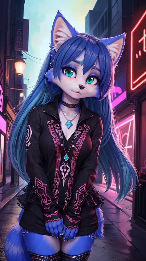 ((krystal)), Star Fox-Krystal, lovable, green eyes, ((( Long blue hair 1 .3))), Decollete, anthro, Fuzzy,  detailed Fluffys fell,  detailed face, (Fluffy),  1 girl, ,woman, Goth, green eyes, undercut, ultra-realistic 8k cg ,  masterpiece, (( ultra-detailed...