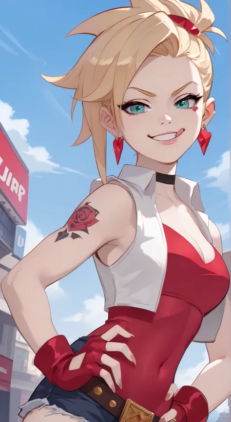 young girl, longue blonde hair, Hairpin with a bundle, turquoise eyes, Yakuza tattoos, red tight uniform, Sleeveless, Wide neckline on the chest to the abdomen, Gold Elements, Red gold armor, Shorts, claws, smirk, Masterpiece, hiquality, 4k, HD, Good detai...