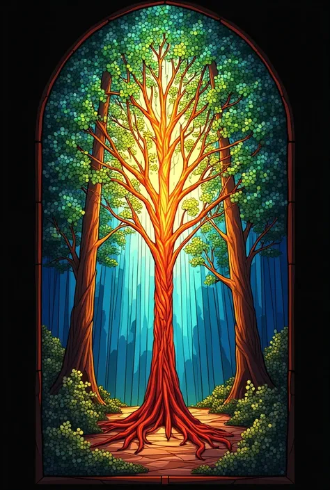 Multicolored stained glass church glass represents a magical forest, with a glowing tree in the center. Horizontal