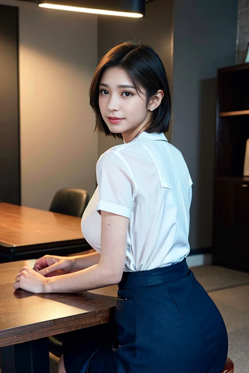 A youthful & stunning Japanese office lady, high-quality detailed portrait, 1girl, short bob hairstyle, beautiful  eyes, fair skin, cute sexy expression, confident professional pose, hourglass figure, ample round bosom, form-fitting navy blue pencil skirt,...