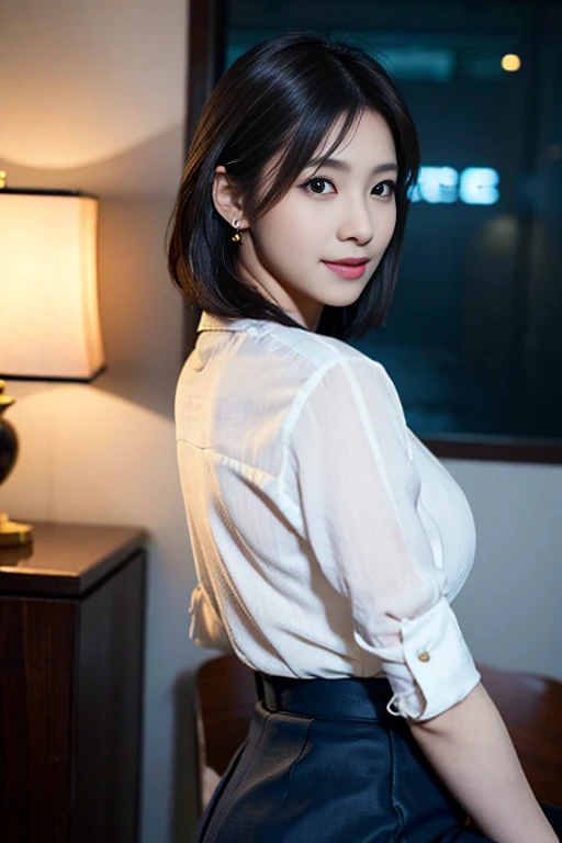 A youthful & stunning Japanese office lady, high-quality detailed portrait, 1girl, short bob hairstyle, beautiful  eyes, fair skin, cute sexy expression, confident professional pose, hourglass figure, ample round bosom, form-fitting navy blue pencil skirt,...