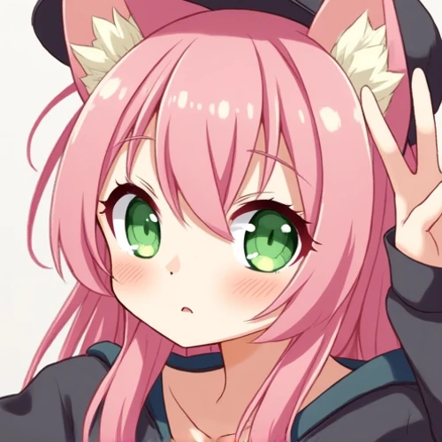  A girl with cat ears ,  green eyes and green hair ,  Long and straight ,  white skin ,  looking at the camera , With a smile,  as she places her hand showing the peace sign. She has black clothes ,  a sweatshirt and cap . 
 anime style