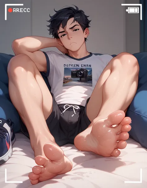 1male, black hair, , black eyes,,, ,,half closed eyes,,, shorts,,,,,,,frown, lean, showing sweaty feet soles to camera,