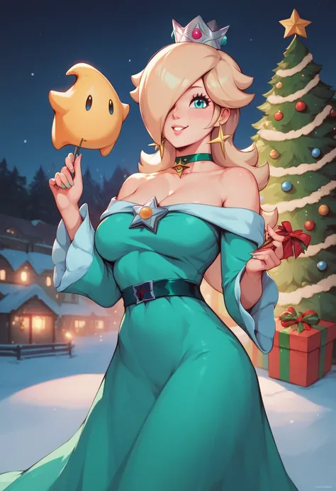 Princess Rosalina, Christmas green dress, winter, night, Christmas tree, smile