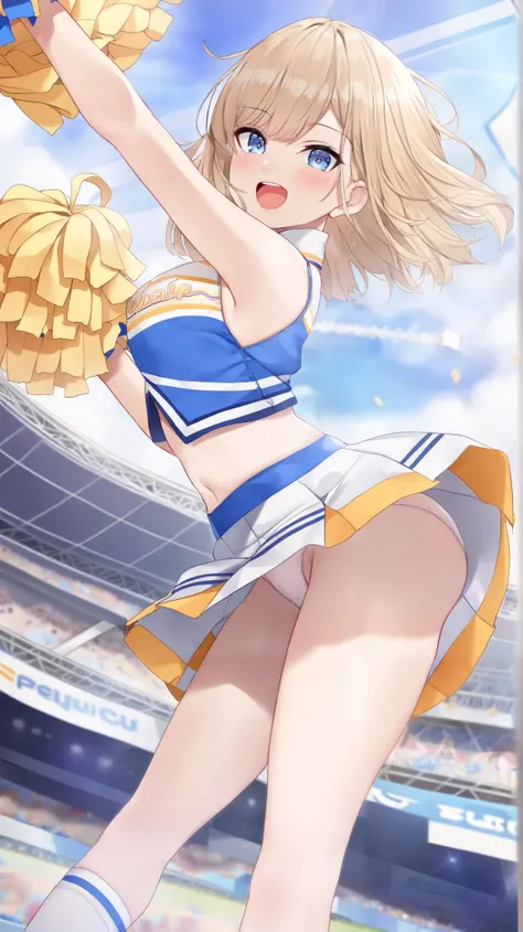 very cute and beautiful cheerleader girl, (highly detailed beautiful face and eyes:1.3), (holding pom poms:1.3), (laugh), (stadium stands), cowboy shot, dynamic pose, panties, (sleeveless shirt), beautiful legs, dynamic angle, (best quality, masterpiece:1....