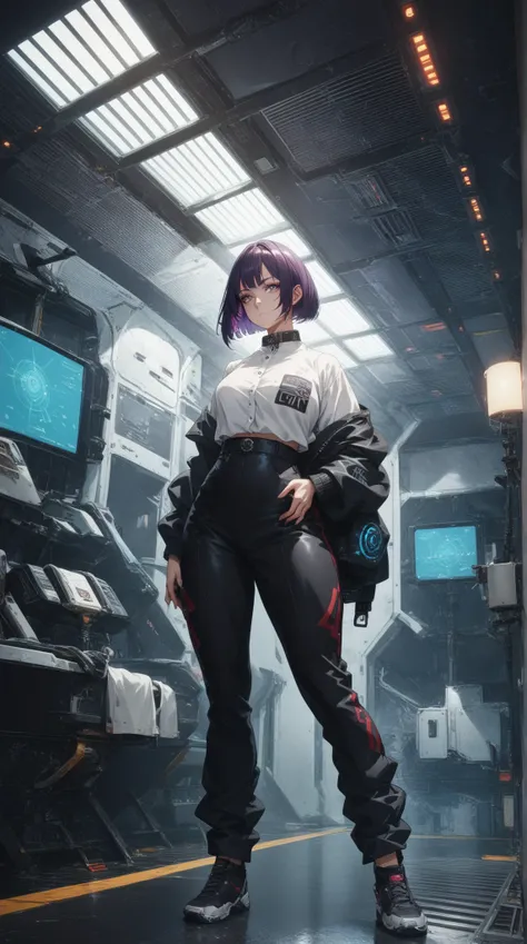 Front straight eye level view shot of a mysterious anime girl with short bob cut, dark violet hair cascading down her back, dressed in a sleek black buttoned shirt with subtle red piping and a high- tech collar that glows faintly. Directional lighting focu...