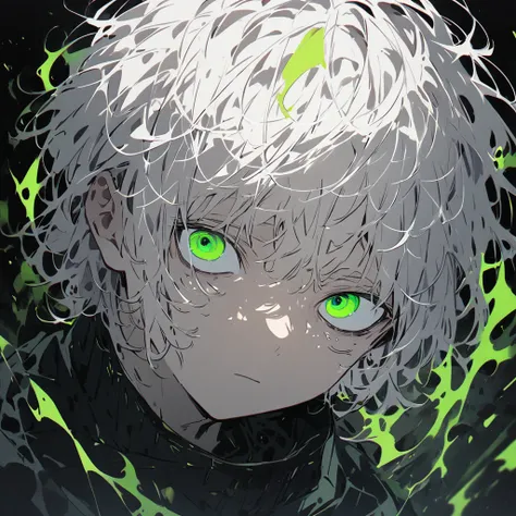  Mens , White hair,  Neon Green Eyes,  focus face , Low light, Depression, See half of the body, Wide Eyes 