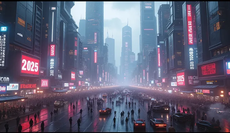 Opening Scene:

A wide aerial view of a futuristic cyber city glowing with neon lights. Skyscrapers feature holographic projections of "2025" and countdown timers.
The city is bustling with flying vehicles and crowds gathering in vibrant plazas adorned wit...