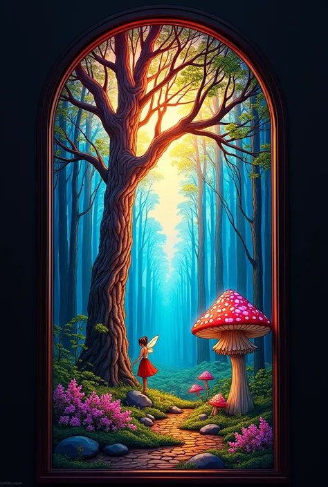 Multicolored stained glass church glass depicts a magical forest, with a glowing tree in the center, a large little magic mushroom, a fairy surrounded by a landscape image.