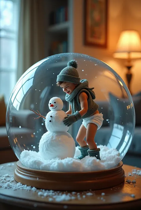 Inside a giant glass snowglobe on a table in a living room, a handsome twenty-year-old man wearing a hat, scarf, gloves, diaper and boots is building a snowman.