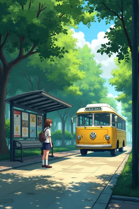 "Create an atmospheric illustration of a serene urban bus stop surrounded by lush greenery. The scene features dappled sunlight filtering through the trees, casting playful shadows on the wet pavement, suggesting a recent rain. A vintage yellow bus is park...