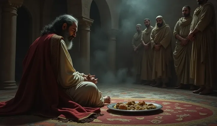 Image Prompt in English:
"A solemn scene in Emperor Akbars royal chamber. Akbar, dressed in simple royal attire, sits on a low cushion, his face pale with grief. A plate of untouched food lies on a silver tray before him. The room is dimly lit, emphasizing...