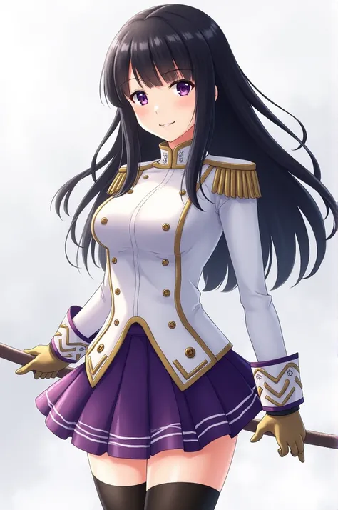 ((best quality)), ((masterpiece)), (detailed), perfect face,  black hair, purple eyes,  long hair, pretty girl, smile,  white military uniform, intricate skirt, purple skirt,  black knee socks ,  sword on the right hand 