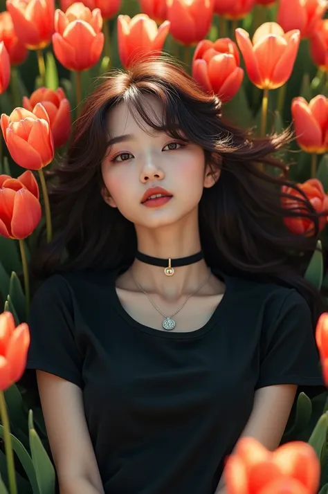 1 beautiful Korean chick , cute face, 18 years old, wearing a black t-shirt,  wearing a black choker necklace,  long hair Curly wears bangs,medium laying on tulips 