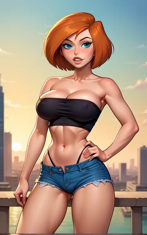 source_cartoon, BREAK
BlackTubetop_Gagala_DrAnnPossible_ownwaifu, 
1girl, big hair, blue eyes, bob cut, cleavage, large breasts, lips, mature female, medium hair, orange hair, short hair, navel, strapless, swimsuit, black bikini, blue shorts, cutoffs, deni...