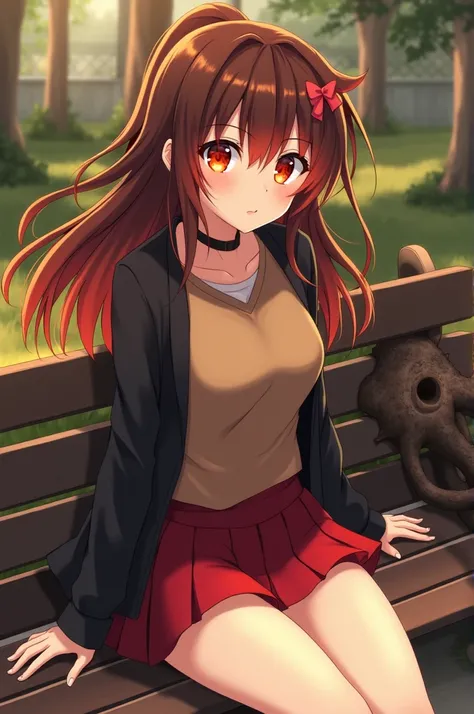 Anime babe  (  brown hair has a few strands of fiery red ,  red-eyed with yellow orange colors burning like fire ,  wears a brown school shirt accompanied by a black jacket , wears a short red skirt ,  is sitting on a park bench next to a brown fallen tree...