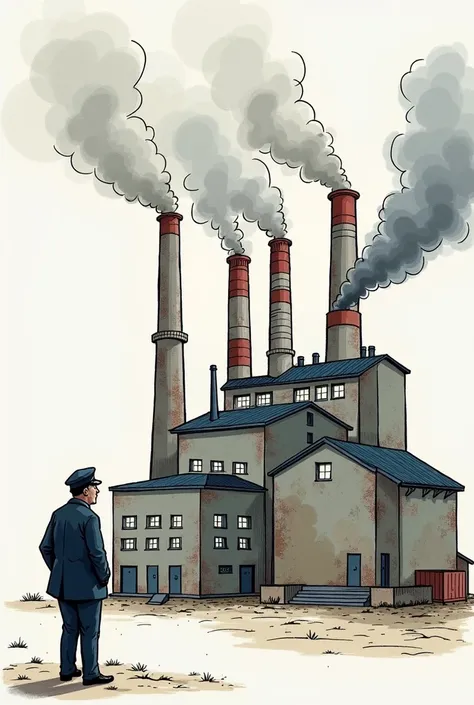 I want a visual like this: draw a pharmaceutical factory. It has 3 chimneys, smoke comes out of the 1st chimney, medicine blisters come out of the 2nd chimney, money comes out of the 3rd chimney. In front of the factory, an inspection officer looks at the ...