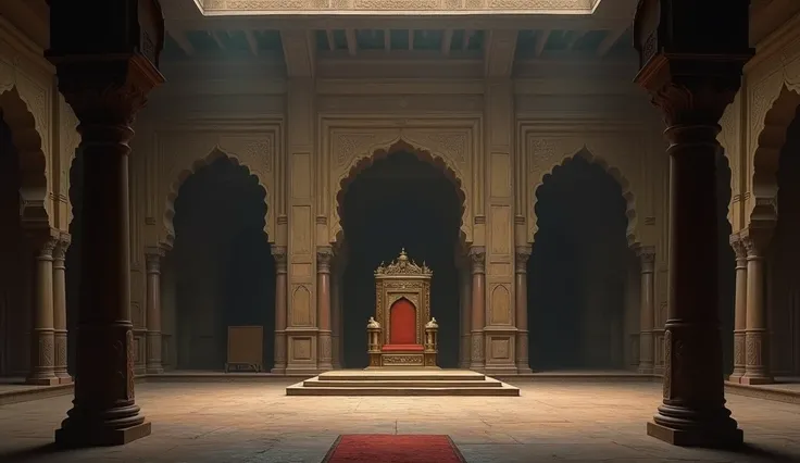 A depiction of the Mughal court unusually empty and silent. Akbars ornate throne remains unoccupied, with no courtiers or officials seated in their usual places. The grand hall is bathed in somber light, symbolizing the kings absence and the suspension of ...